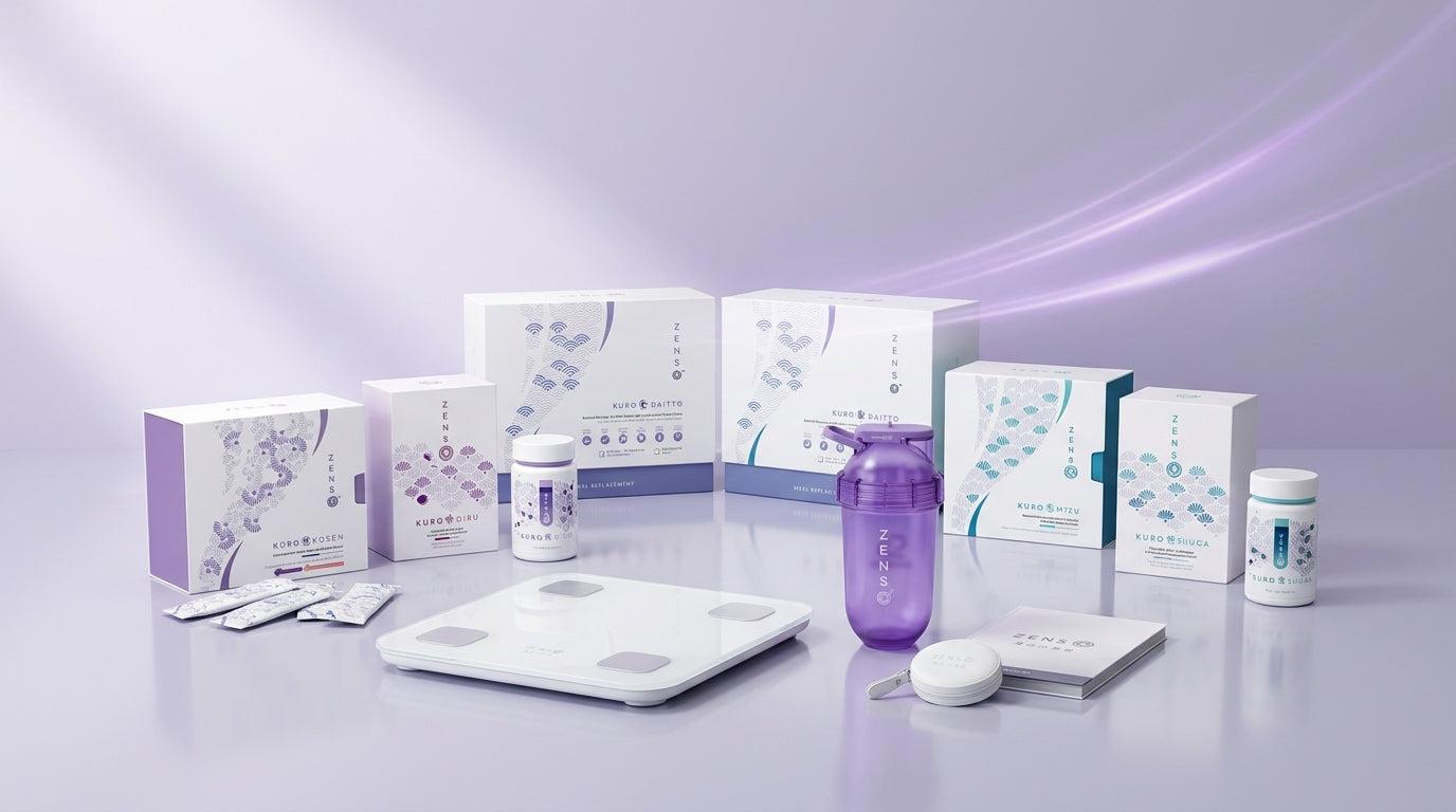 The ZENSO welcome kit — body composition smart scale, shaker and measuring tape, with the Reprogram Handbook