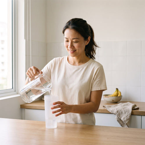 Pouring water into a shaker on a kitchen counter
